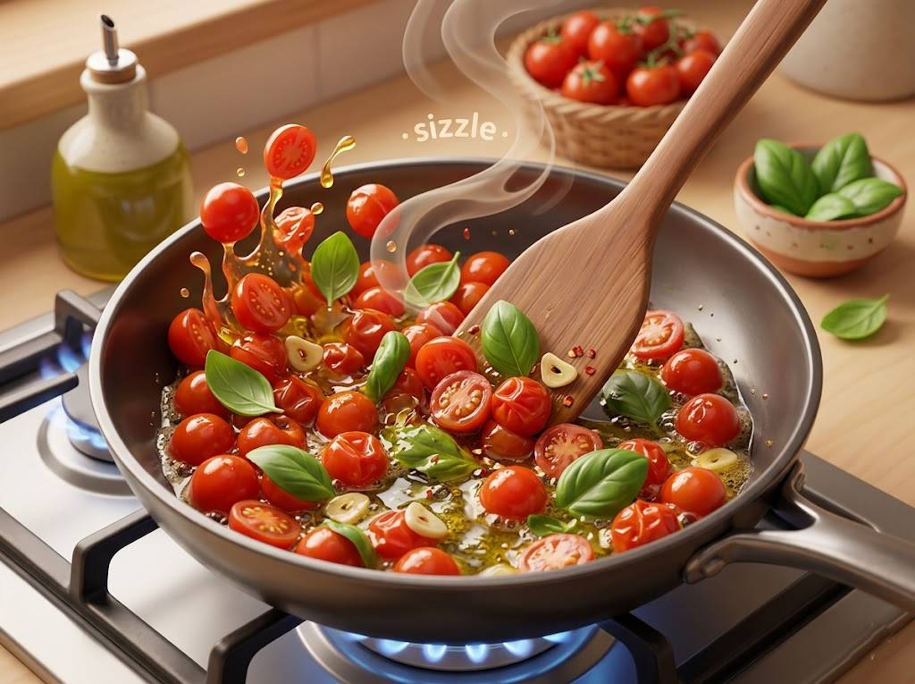 달궈진 팬 위에서 올리브유와 함께 볶아지는 붉은 토마토와 신선한 바질 잎이 조화로운 요리 과정의 3D 일러스트