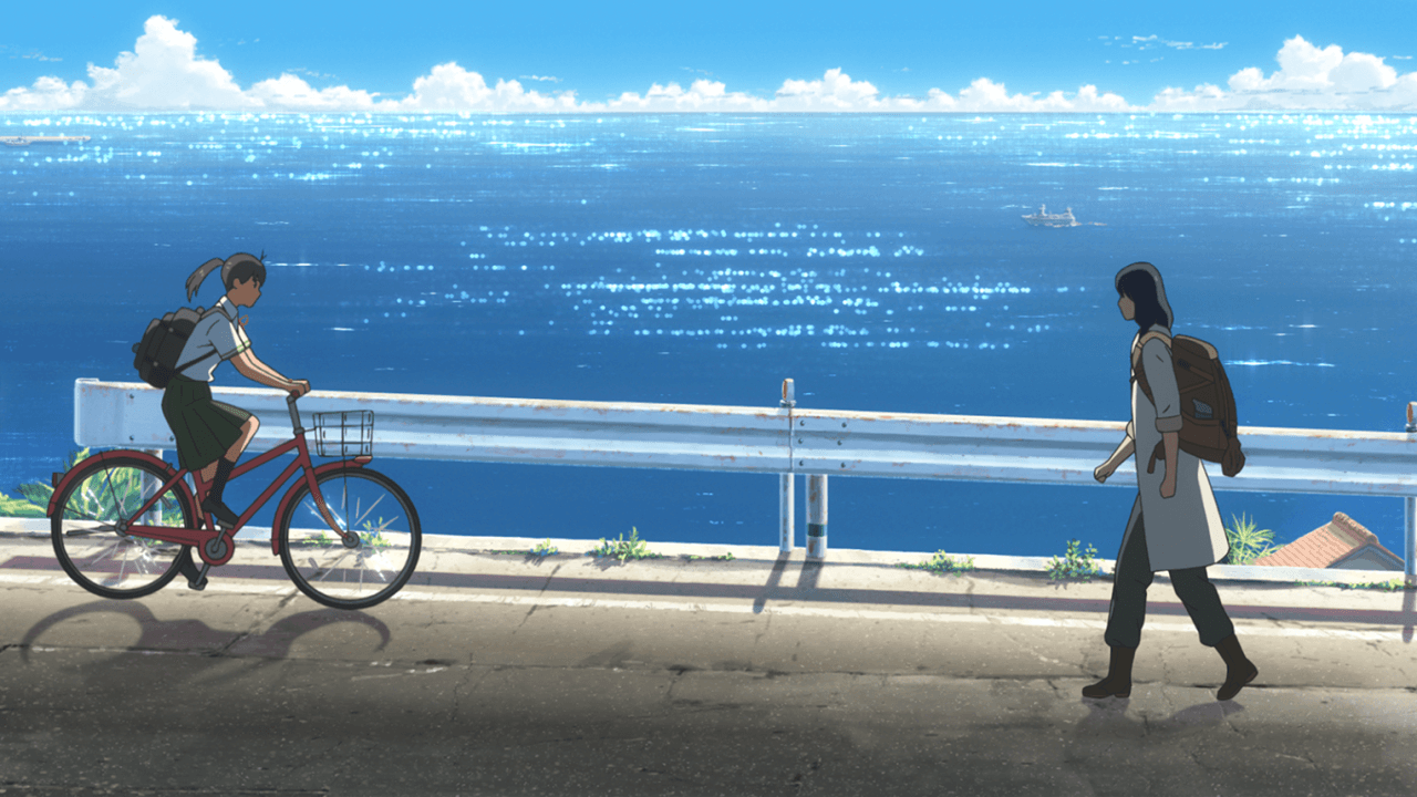 등굣길에 스즈메와 쇼타가 처음 만나는 장면