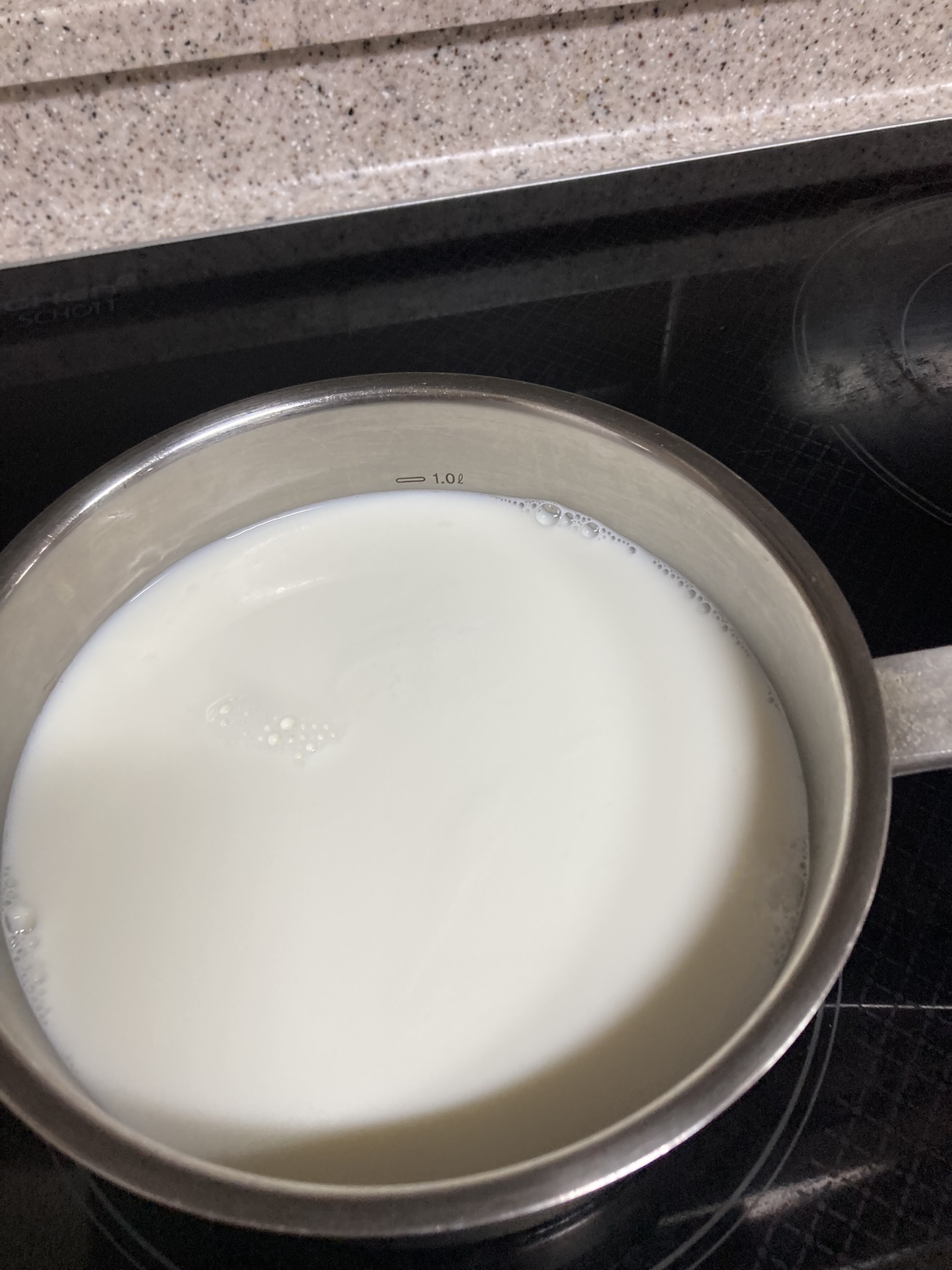 냄비에 우유 1리터를 붓고 끓이기 시작하는 모습. 크림치즈를 만들기 위한 첫 단계.