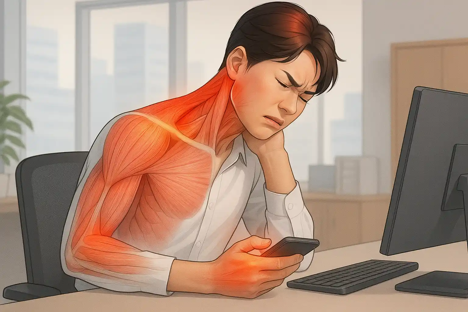 스트레스를 받은 직장인이 어깨와 목, 손목까지 긴장된 모습