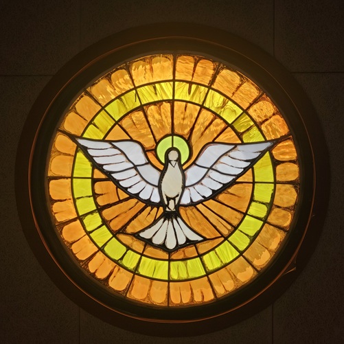 사진은 전라남도 장성군 장성성당 안에 있는 스테인드글라스입니다. 성령을 상징하는 비둘기를 표현한 유리화 그림입니다.