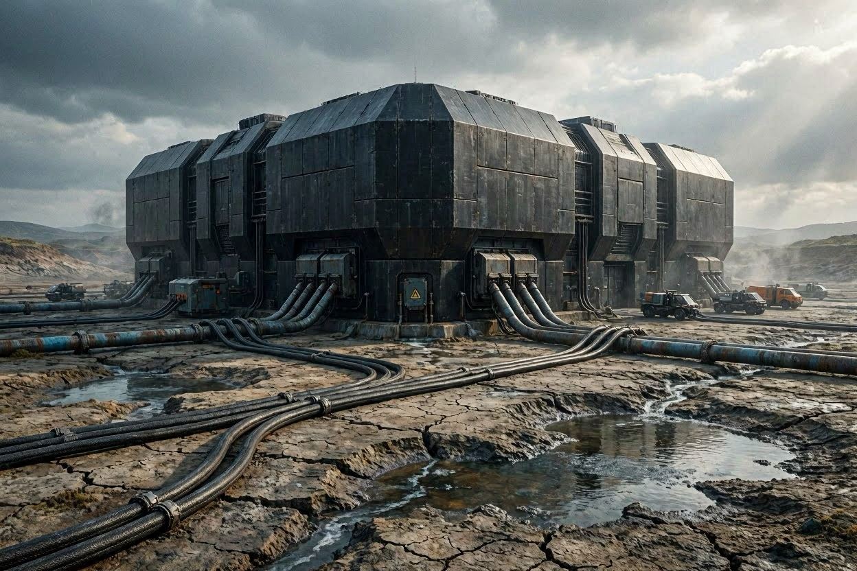 A dystopian landscape where a massive, windowless data center towering in the middle of a parched reservoir is greedily sucking up remaining water and energy from the cracked earth.