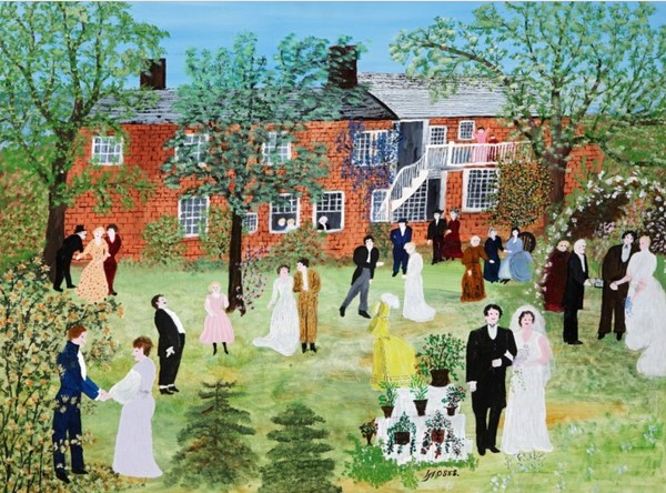창문이 많은 빨간색 외벽의 주택이 중앙에 보이고, 잔디밭에서 결혼식을 올리고 있는 두 사람과, 주변에 축하하러 온 사람들의 얘기를 나누거나 웃는 모습을 그린 작품 Country Wedding