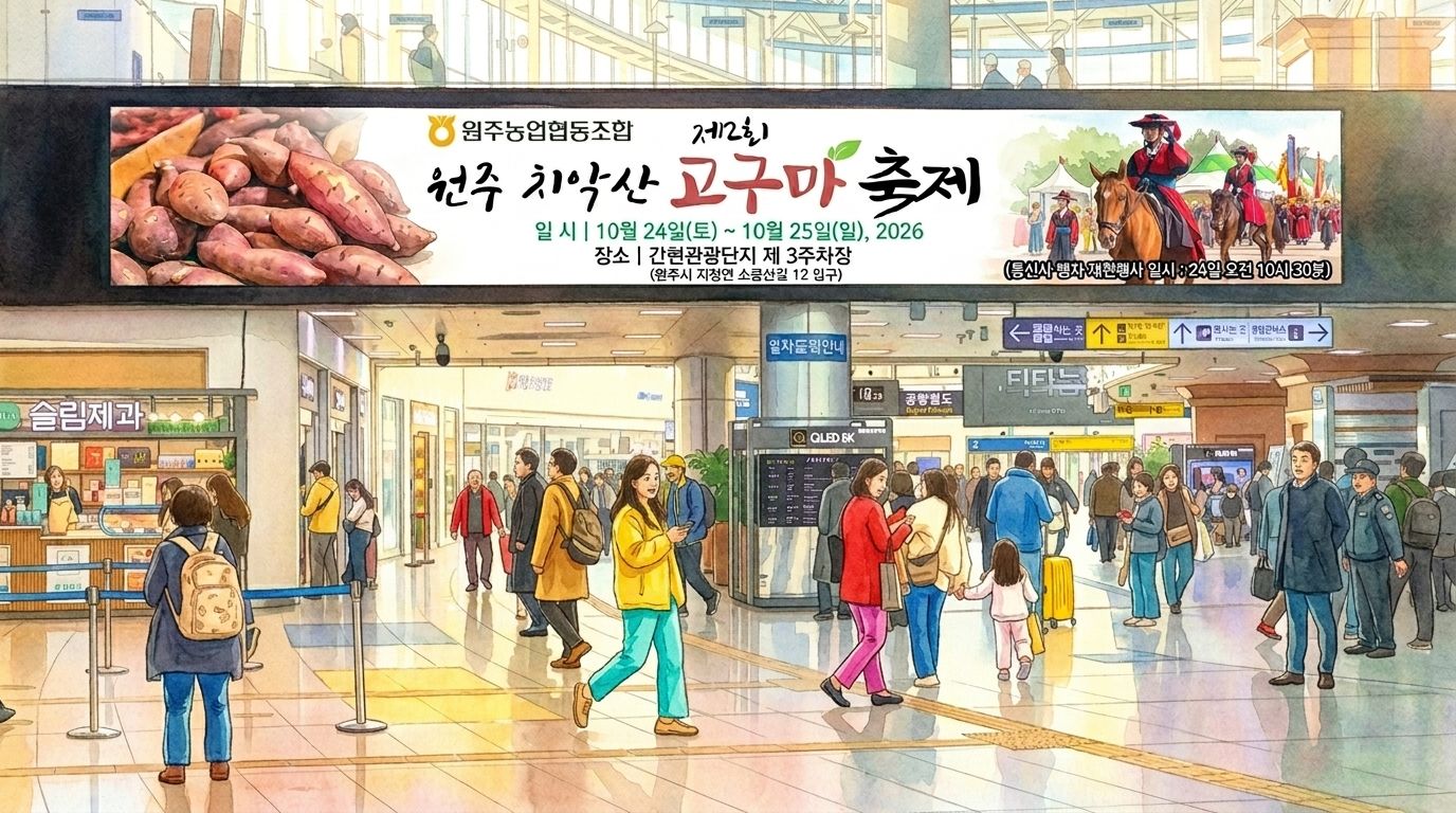원추 치악산 고구마 축제 홍보 영상이 뜬 서울역 LED 전광판