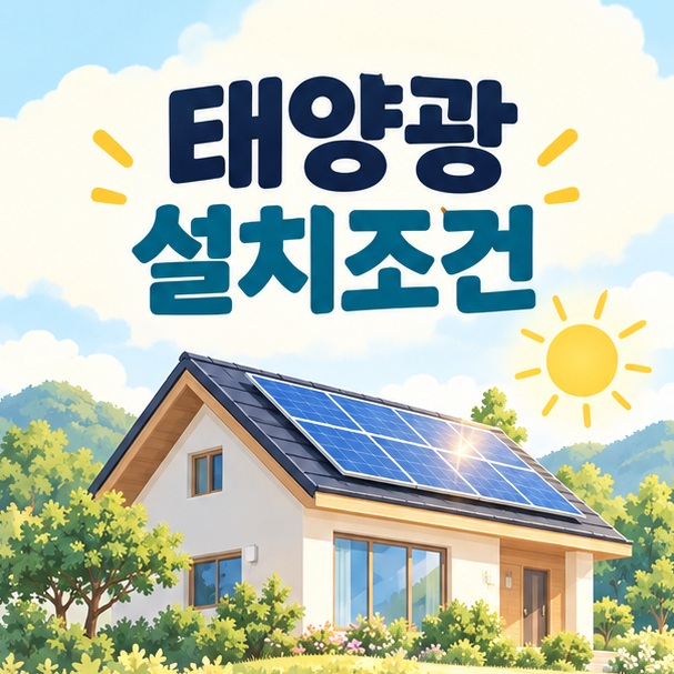 태양광 설치조건 제목과 태양광 패널을 설치한 주택, 햇빛 아이콘