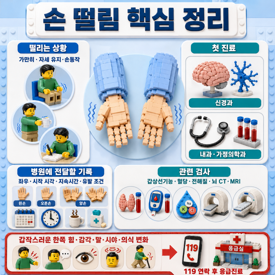 손 떨림의 발생 상황과 첫 진료과, 기록 항목, 관련 검사와 119 응급진료 조건을 정리한 인포그래픽