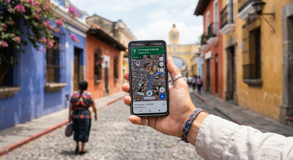 중남미 거리에서 구글 지도를 활용해 길을 찾는 여행자의 모습