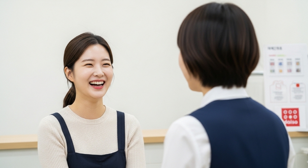 다이소 직원과 웃으며 이야기하는 젊은 여성