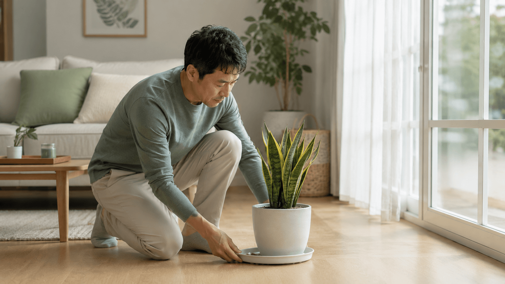 산세베리아 잎 무름 확인 기준을 설명하는 한국 가정의 실내 식물 관리 장면