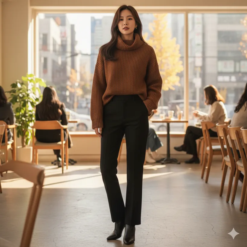 옷장속 블랙 팬츠와 가을니트를 코디한 30대 여성 사진