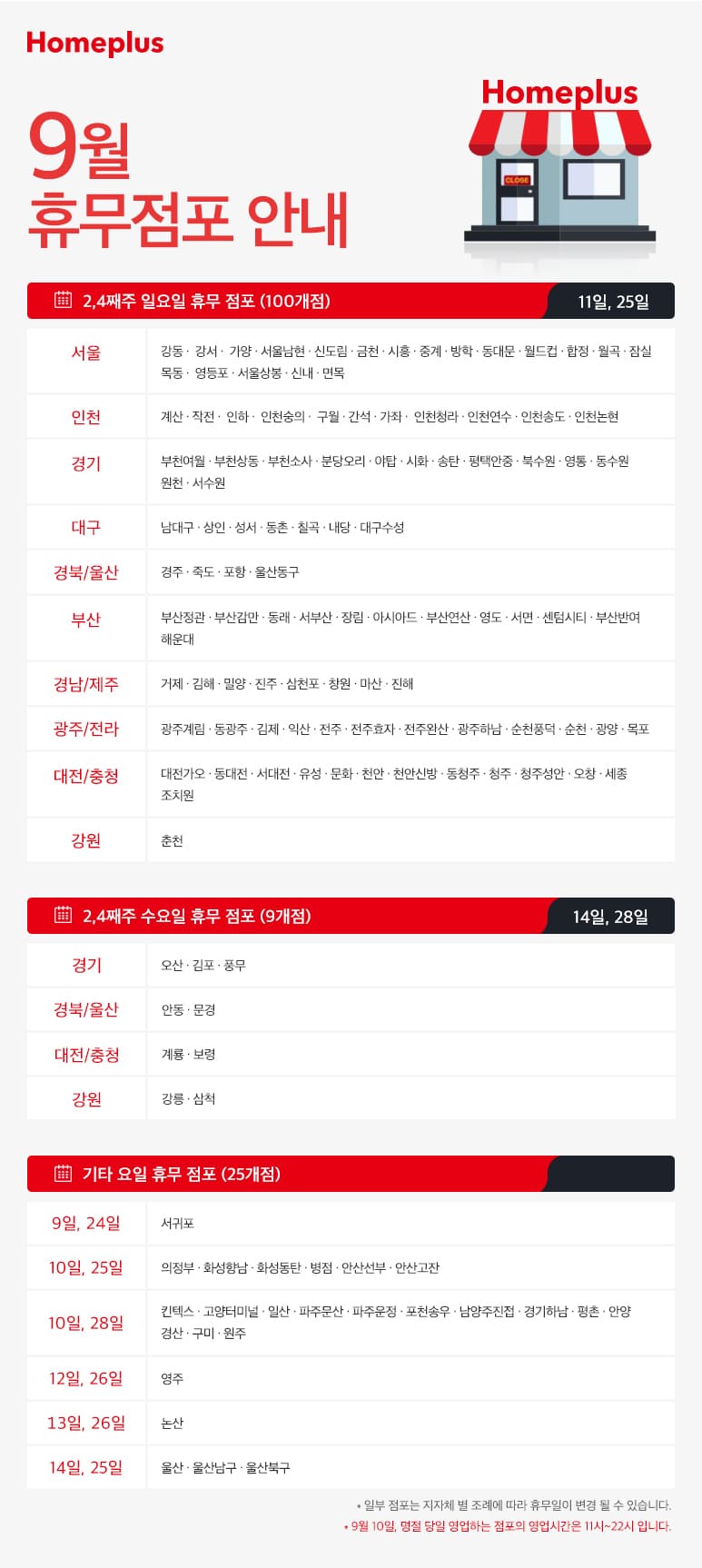 9월 홈플러스 휴무 점포 안내