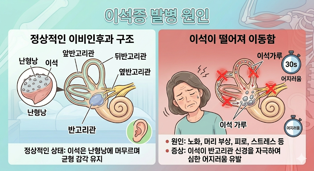 이석증 발병 원인 설명하는 그림