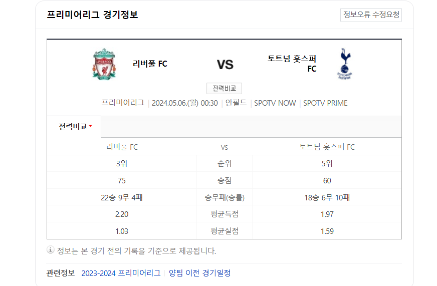 리버풀 토트넘 일정