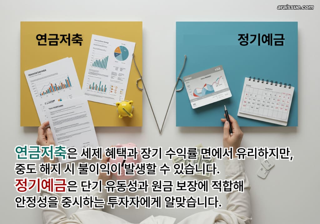 연금저축은 세제 혜택과 장기 수익률 면에서 유리하지만, 중도 해지 시 불이익이 발생할 수 있습니다. 정기예금은 단기 유동성과 원금 보장에 적합해 안정성을 중시하는 투자자에게 알맞습니다.