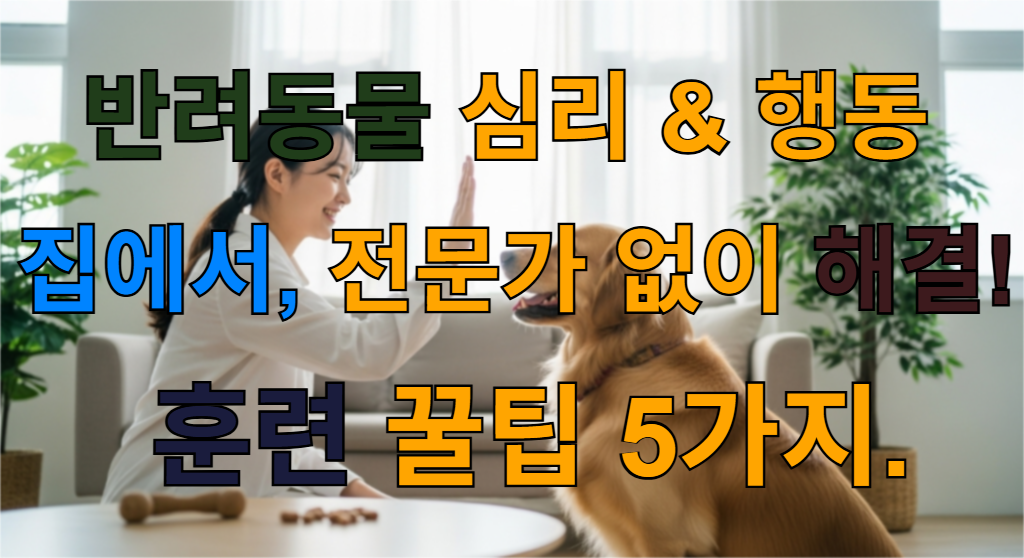 밝은 거실에서 골든 리트리버와 하이파이브를 하며 즐겁게 훈련하고 있는 보호자의 모습