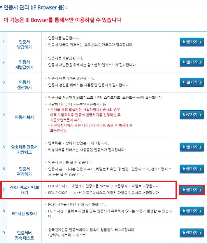 한국전자인증 PFX 가져오기 내보내기 오류 없는 직행 변환 메뉴