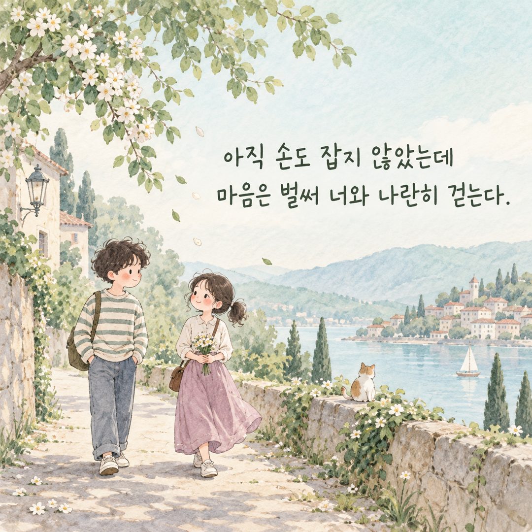 아직 손도 잡지 않았는데 마음은 벌써 너와 나란히 걷는다.