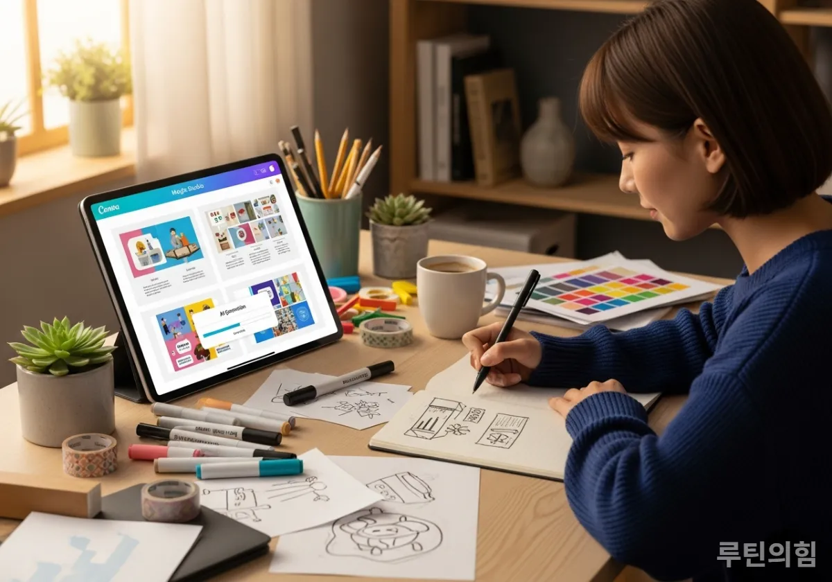 캔바 매직 스튜디오로 프레젠테이션 디자인을 자동 생성하는 태블릿 화면과 스케치하는 디자이너