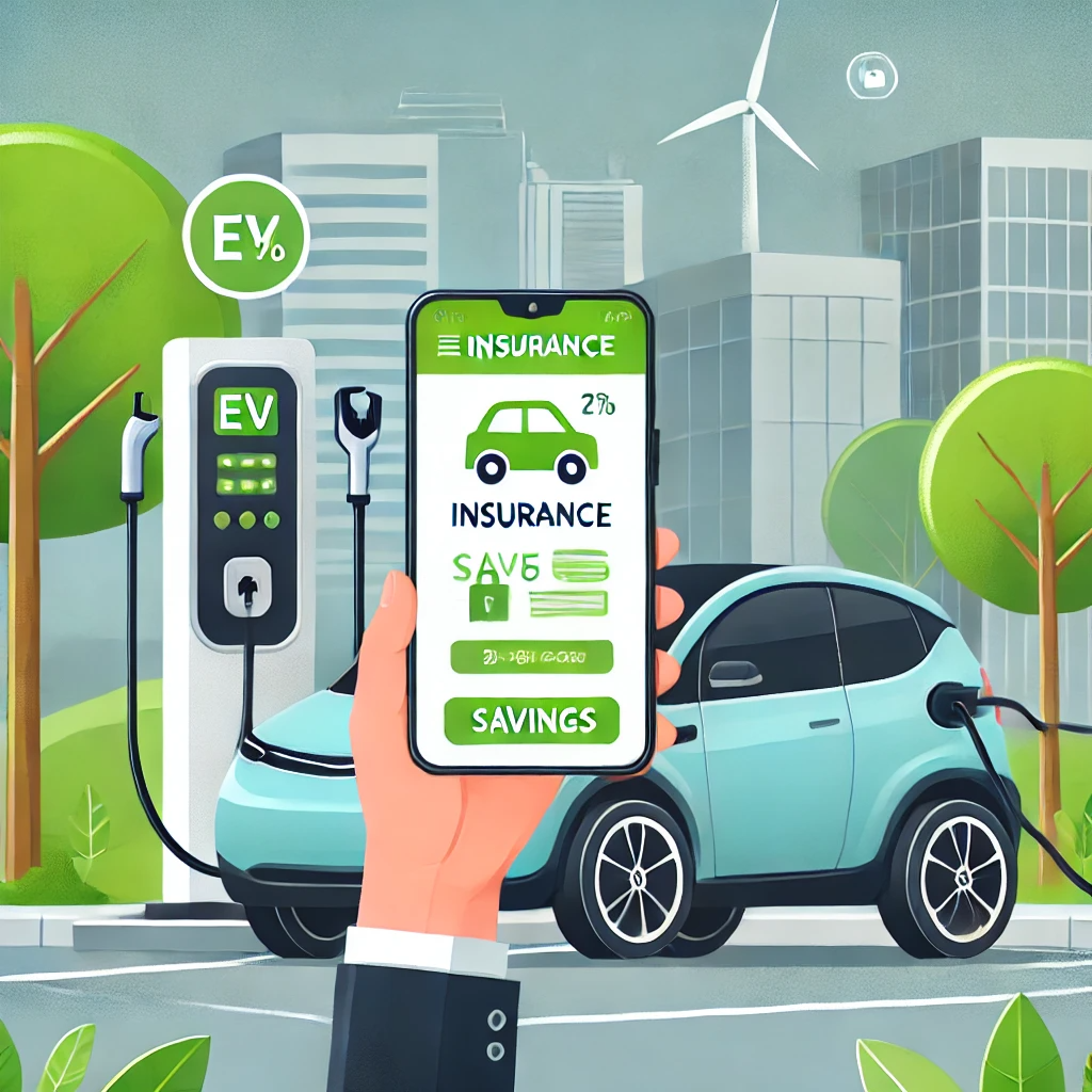 전기차 충전소 옆에 주차된 전기차와 보험료 절감을 보여주는 앱을 들고 있는 사람. 배경에는 친환경성을 상징하는 나무와 현대적인 도시 풍경이 있다.