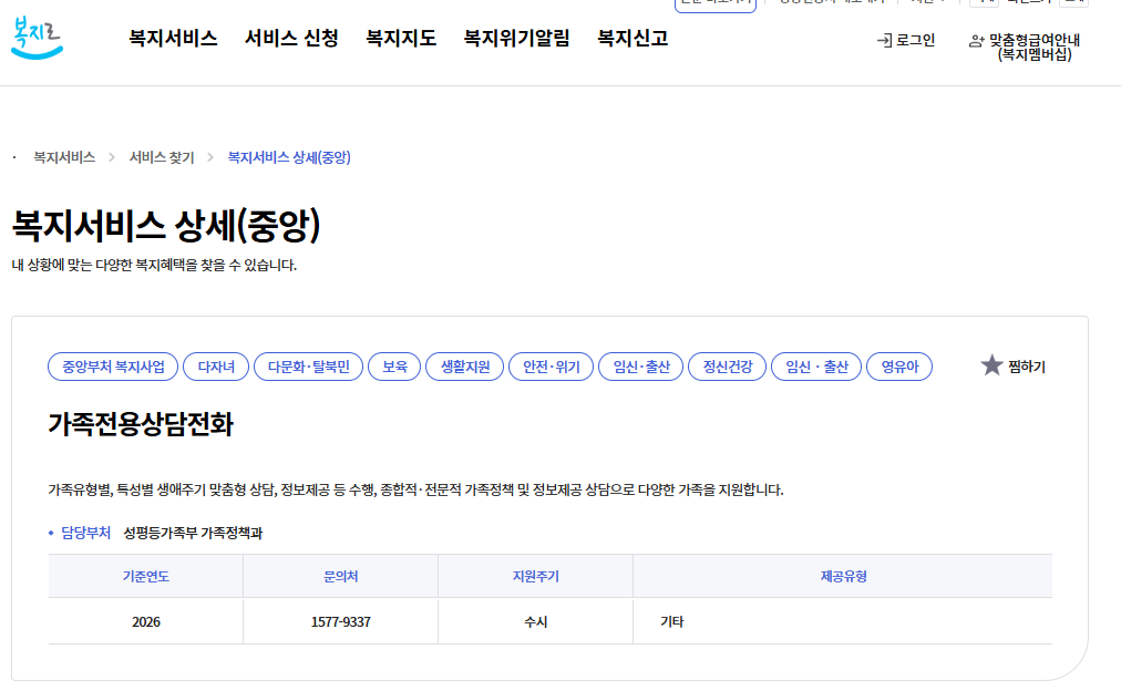 복지로 사이트 : 가족전용상담전화