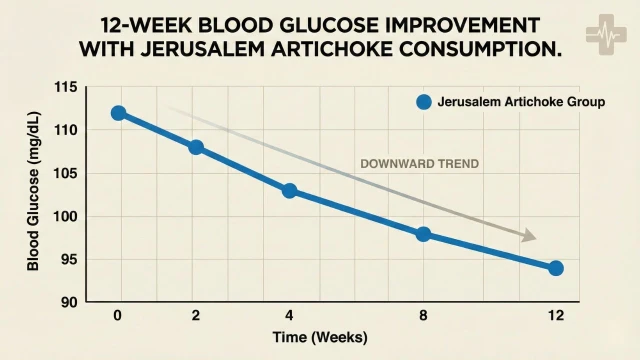12주간 돼지감자 섭취에 따른 공복혈당 감소 그래프 (112에서 94로 감소)