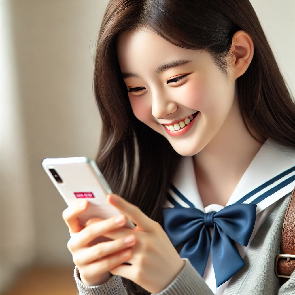 스마트폰을 보며 환하게 웃는 교복 입은 한국 여학생