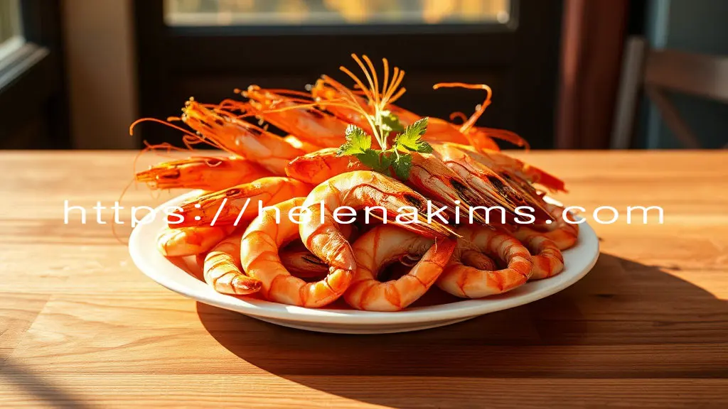 따뜻한 가을 햇살 아래, 고급스런 나무 식탁에 신선하고 맞있가 구워진 대하가 장식된 하얀 접시에 먹음직스럽게 가득 담긴 모습.