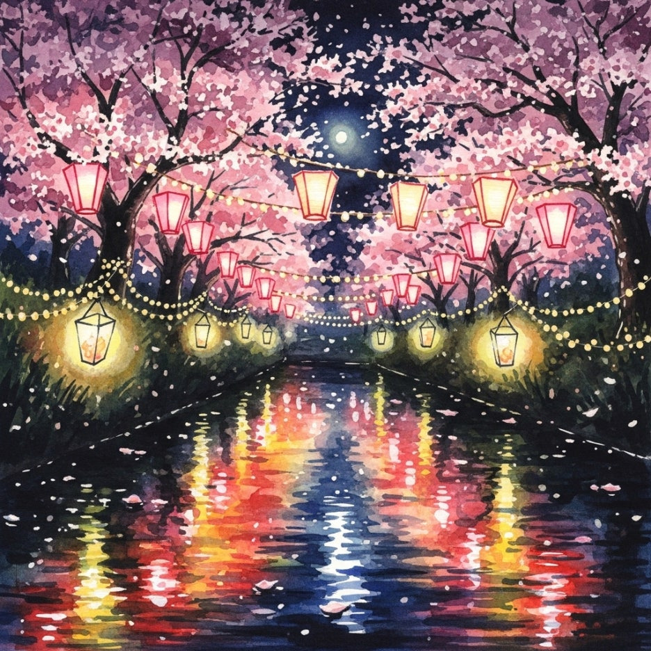 은은한 조명이 비치는 밤 벚꽃 풍경