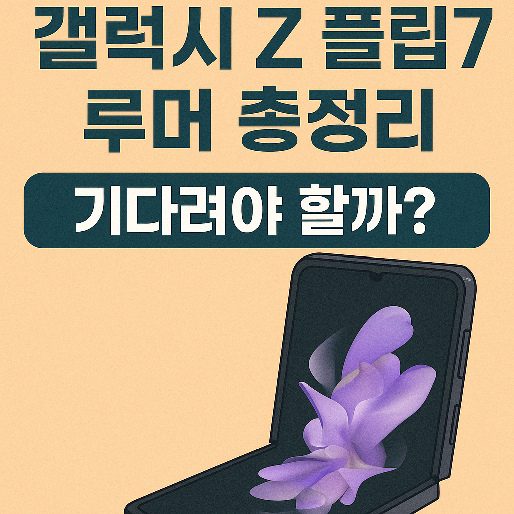 갤럭시 Z 플립7의 루머와 출시 여부를 묻는 정보형 썸네일 이미지. 접힌 스마트폰과 함께 ‘기다려야 할까?’라는 질문이 강조된 디지털 일러스트