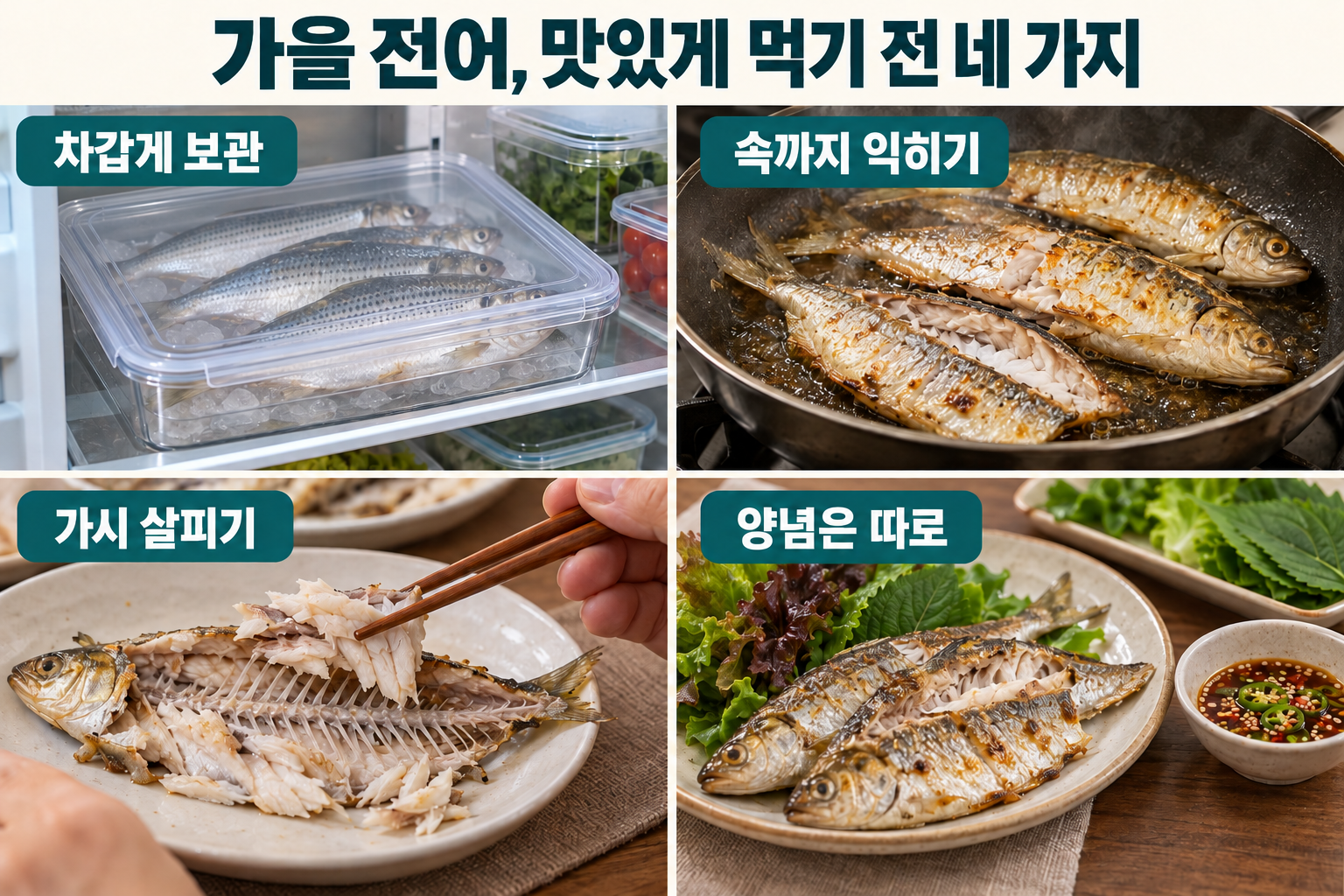 전어를 차갑게 보관하고 속까지 익힌 뒤 가시를 살피고 양념을 따로 담는 네 가지 실천.
