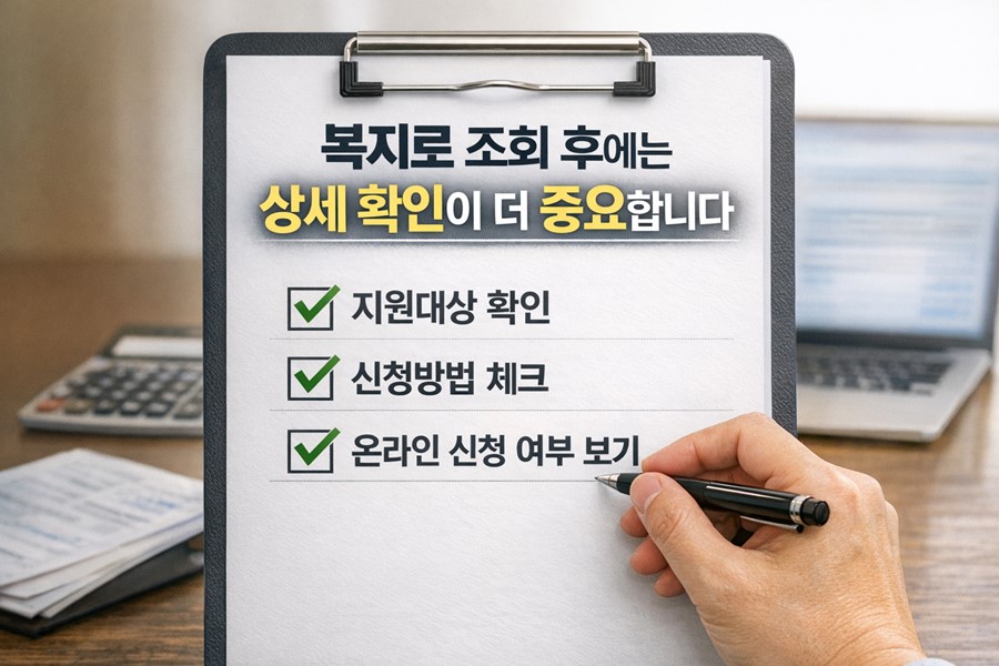 복지로에서 지원금을 조회한 뒤 지원대상과 신청방법, 온라인 신청 가능 여부를 꼭 확인해야 한다는 내용을 보여주는 체크리스트 이미지