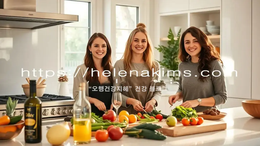 따뜻하고 편안한 고급스런 분위기의 명절 준비 장면, 건강한 식자재와 올리브 오일 병이 놓인 주방, 자연광이 부드럽게 스며드는 실내, 밝고 생기 있는 30대 여성 3명이 미소 지으며 식재료를 손질하는 모습.