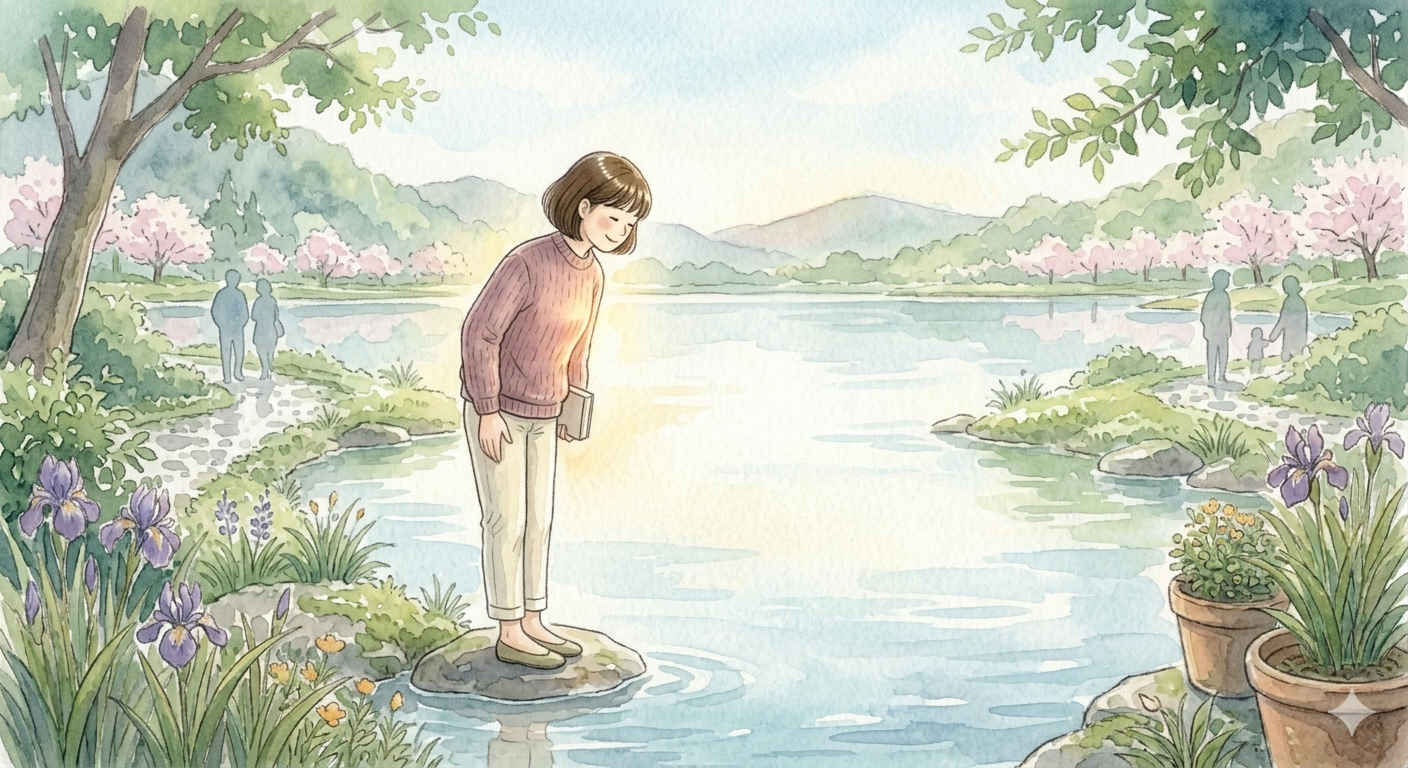 "비가 내린 뒤 맑게 갠 공원에서 여성이 호수 위에 비친 자신의 모습을 다정하게 바라보고 있는 수채화 일러스트. 타인의 시선이라는 안개를 걷어내고 스스로를 온전히 인정하고 사랑하게 된 내면의 평화와 자존감의 회복을 상징함."