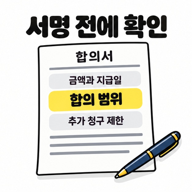 합의서에서 금액과 지급일, 합의 범위, 추가 청구 제한을 서명 전에 확인하도록 안내하고 옆에 펜을 놓은 그림