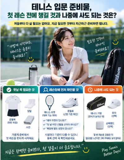 테니스 입문 준비물, 첫 레슨 전에 챙길 것과 나중에 사도 되는 것은?