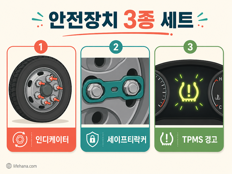 휠 너트 인디케이터 장착 모습과 운행 전 자가 진단 항목을 체크하는 스마트 가이드 카드