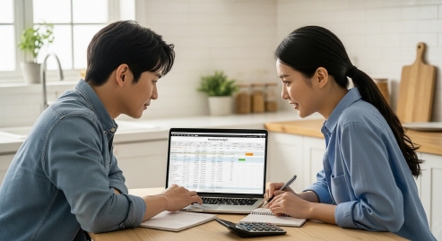 노트북과 계산기로 예산 짜는 모습