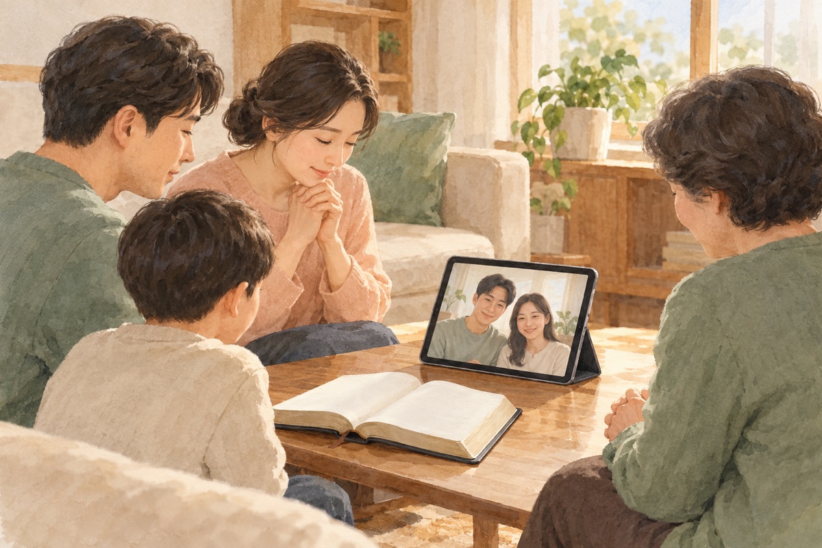 설 추석 가정 추도예배 &mdash; 거실에서 태블릿 영상통화로 가족과 함께 앉은 모습