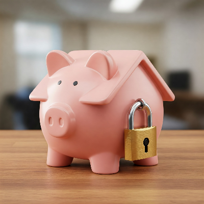 튼튼한 자물쇠가 걸린 집 모양의 저금통 이미지