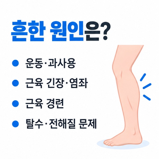 운동 과사용 근육 긴장 근육 경련 탈수 전해질 문제 등 다리 근육통의 흔한 원인을 정리한 이미지