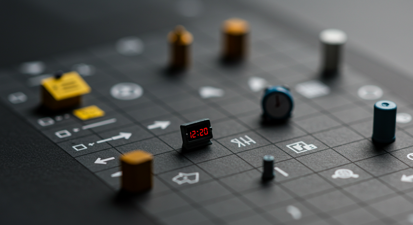 작은 메모지와 체크마크, 분리된 화살표 등으로 구성된 미니어처 아이콘을 틸트쉬프트로 촬영한 이미지