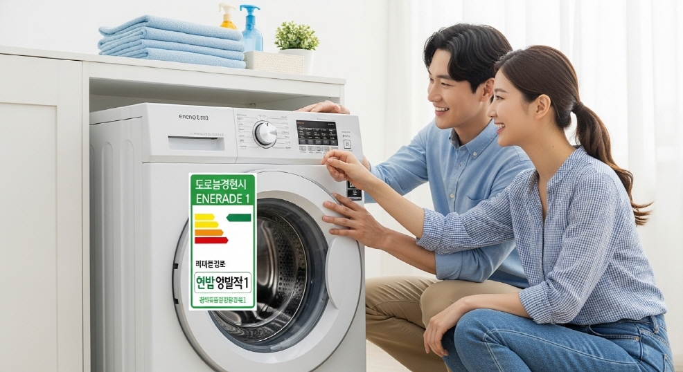 에너지 1등급 라벨이 부착된 세탁기