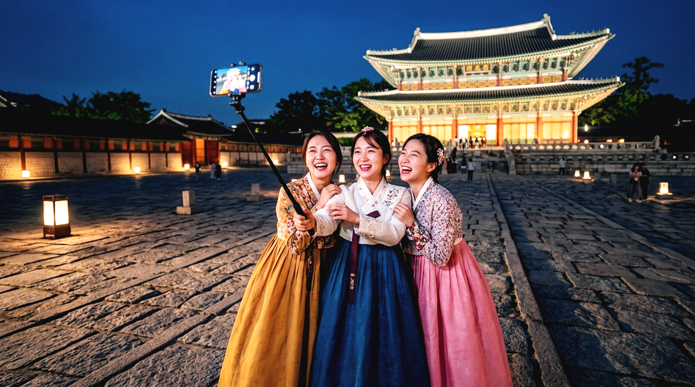 야간 조명이 화려한 근정전 앞에서 한복을 입고 사진을 찍는 한국인 여성들의 모습