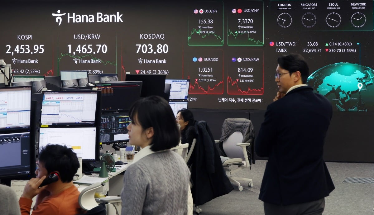 하나은행 현황판에 코스피 등 지수가 표시되고 있다.