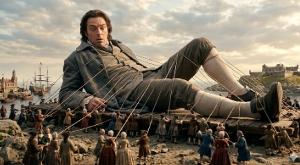 소인국 해안에서 밧줄로 포박된 거인 걸리버 (Giant Gulliver tied down by Lilliputians on the shore)