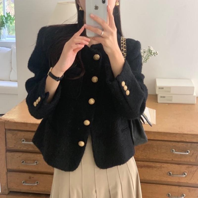 울80 센느 부클 금장 버튼 단추 라운드 노카라 울 트위드 자켓 겨울 숏 코트 루어스룸