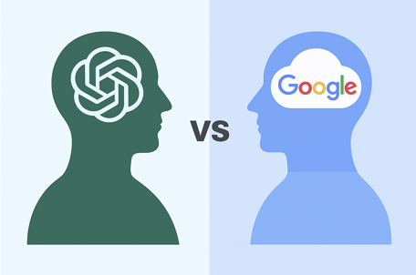 마주보고 있는 사람 인포그래픽 머리 안에 ChatGPT vs google search