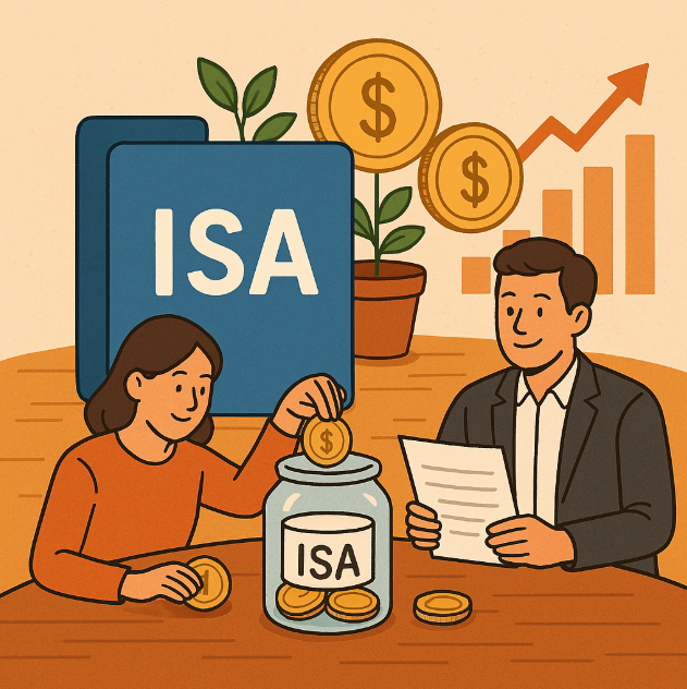 ISA 글씨 써있는 유리병 동전 넣는 여성 바라보는 남성 이미지