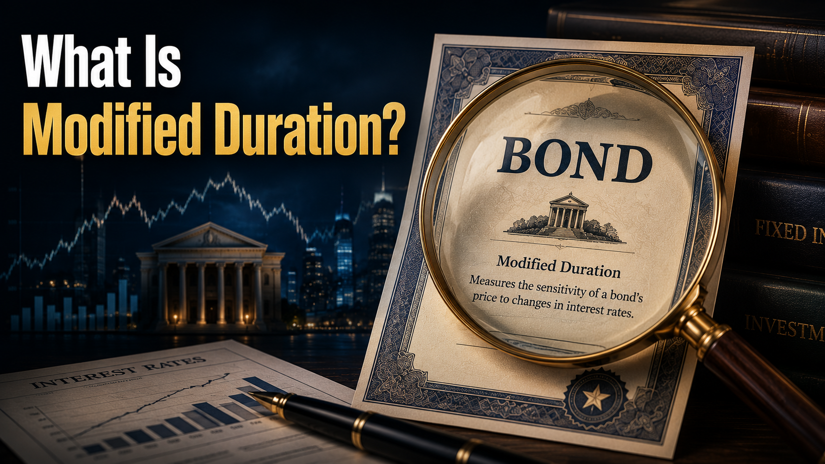 Modified Duration concept with a bond certificate and magnifying glass representing bond price sensitivity to interest rate changes.