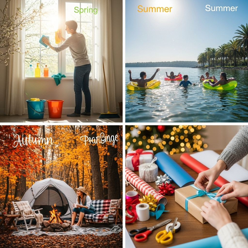 봄, 여름, 가을, 겨울 계절별 제로 웨이스트 실천 아이디어를 표현한 이미지. 봄 대청소, 여름 물놀이, 가을 캠핑, 겨울 선물 포장이 담긴 장면.